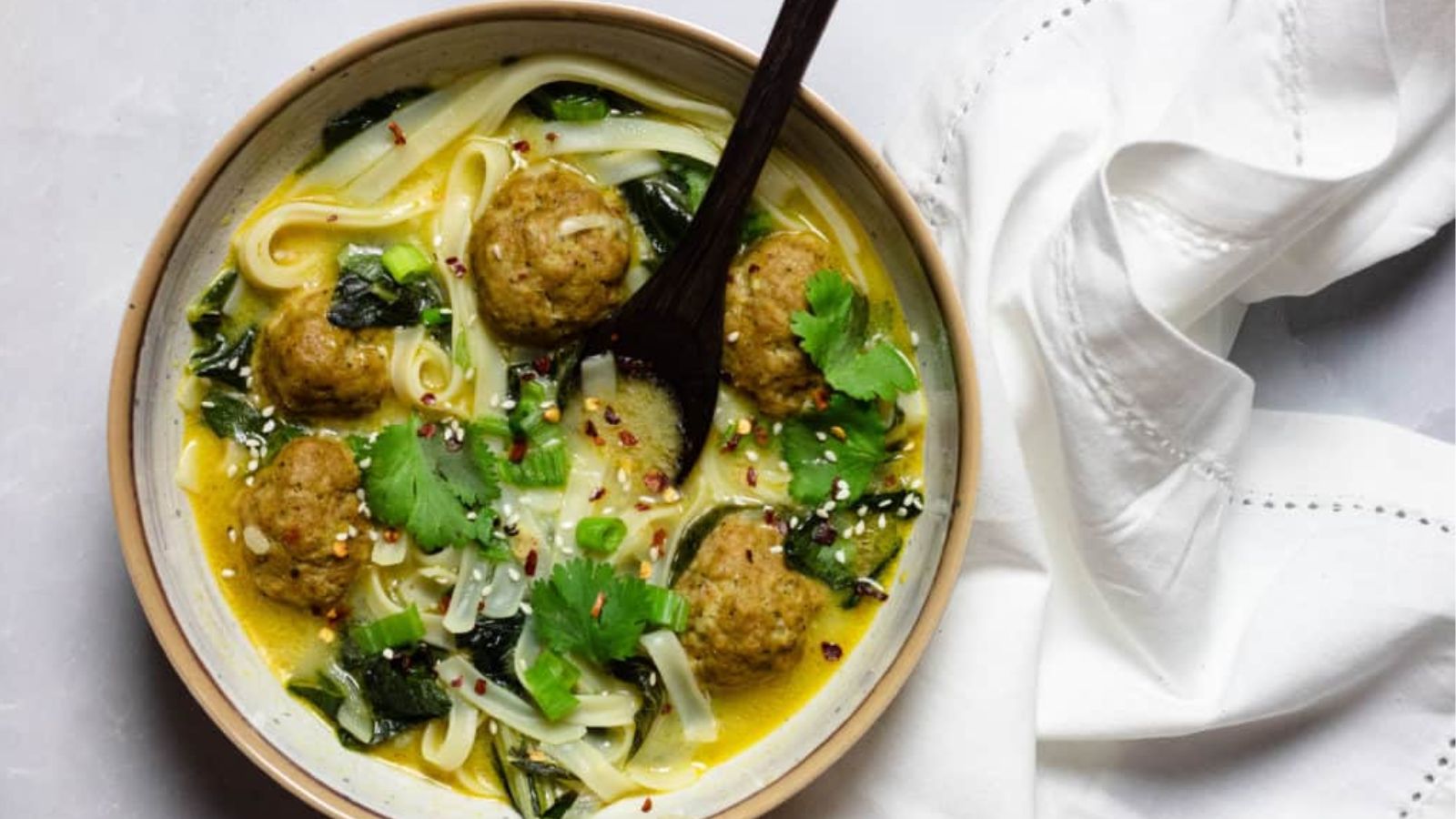 Thai-Inspired Meatball Soup with Rice Noodles