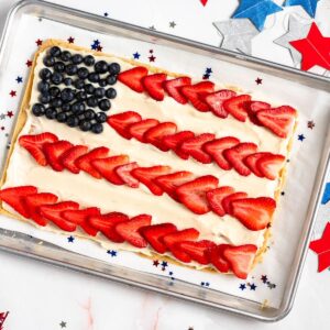 American Flag Fruit Pizza decorated with sprinkles and stars