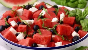 WATERMELON FETA SALAD WITH BASIL AND BLUEBERRIES