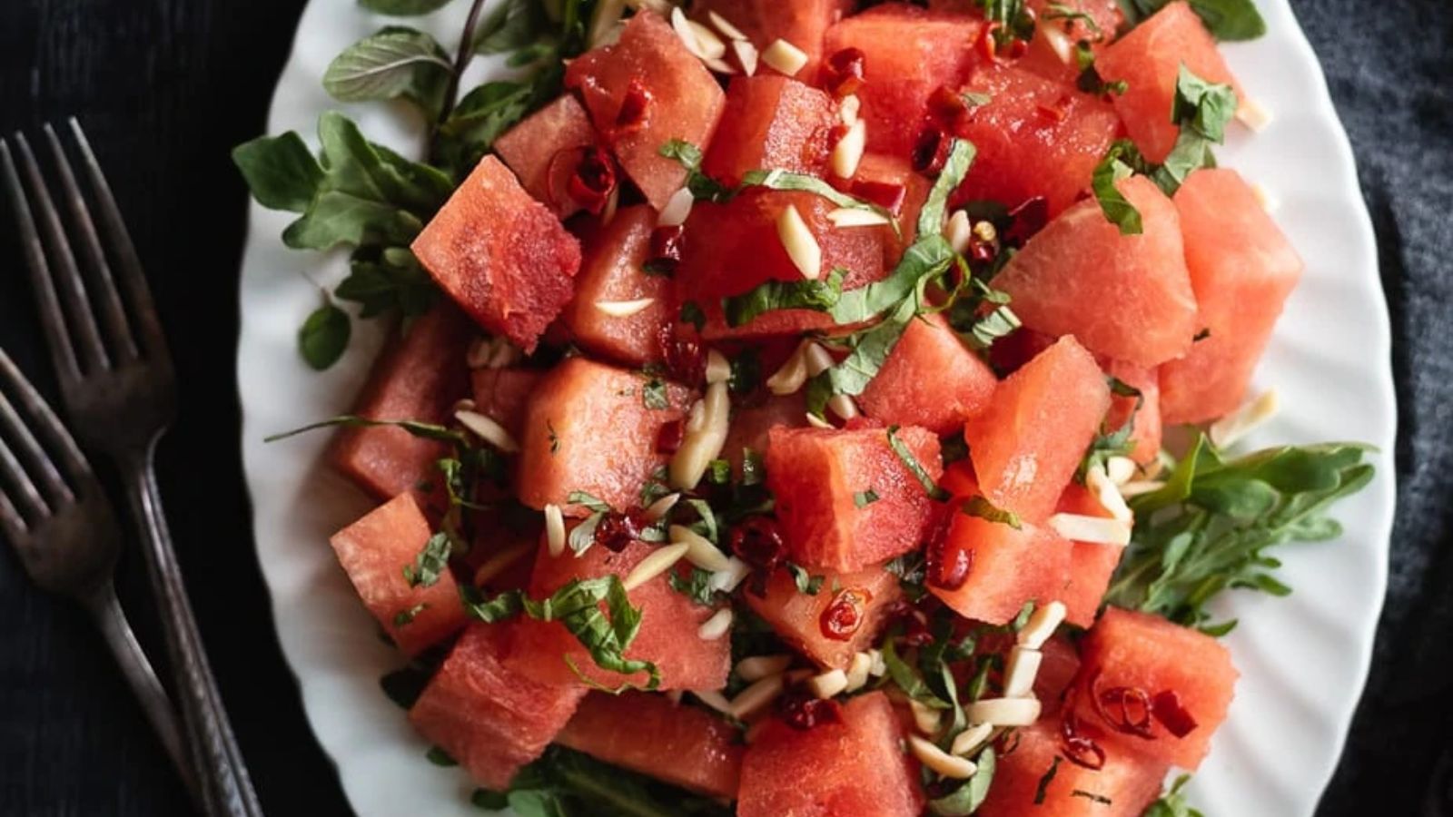 watermelon arugula salad with chili honey lime dressing