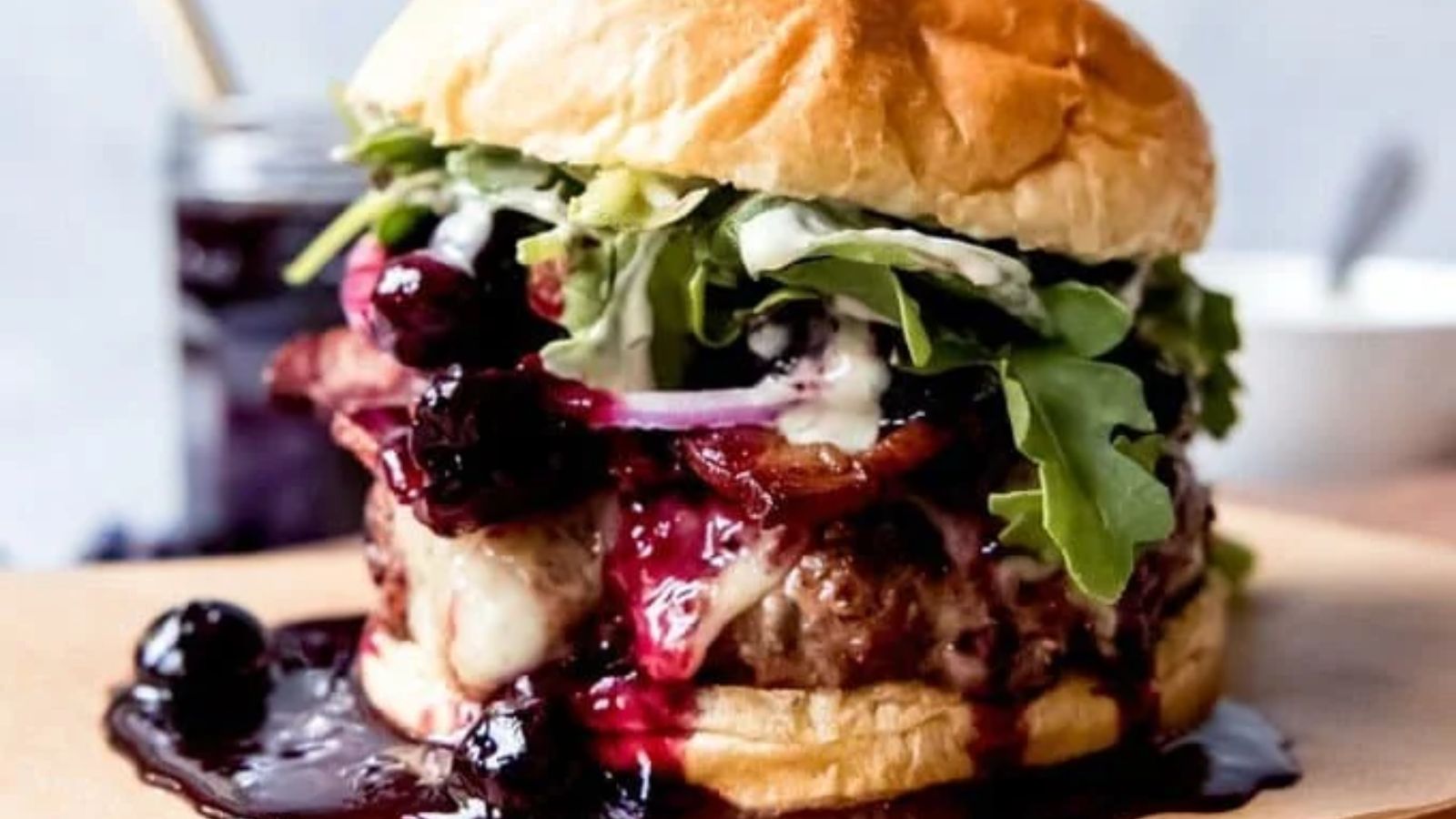 Red, White, and Blueberry Bacon Burger with Basil Aioli