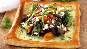 Puff Pastry Tart with Herbed Feta Cheese and Asparagus Salad