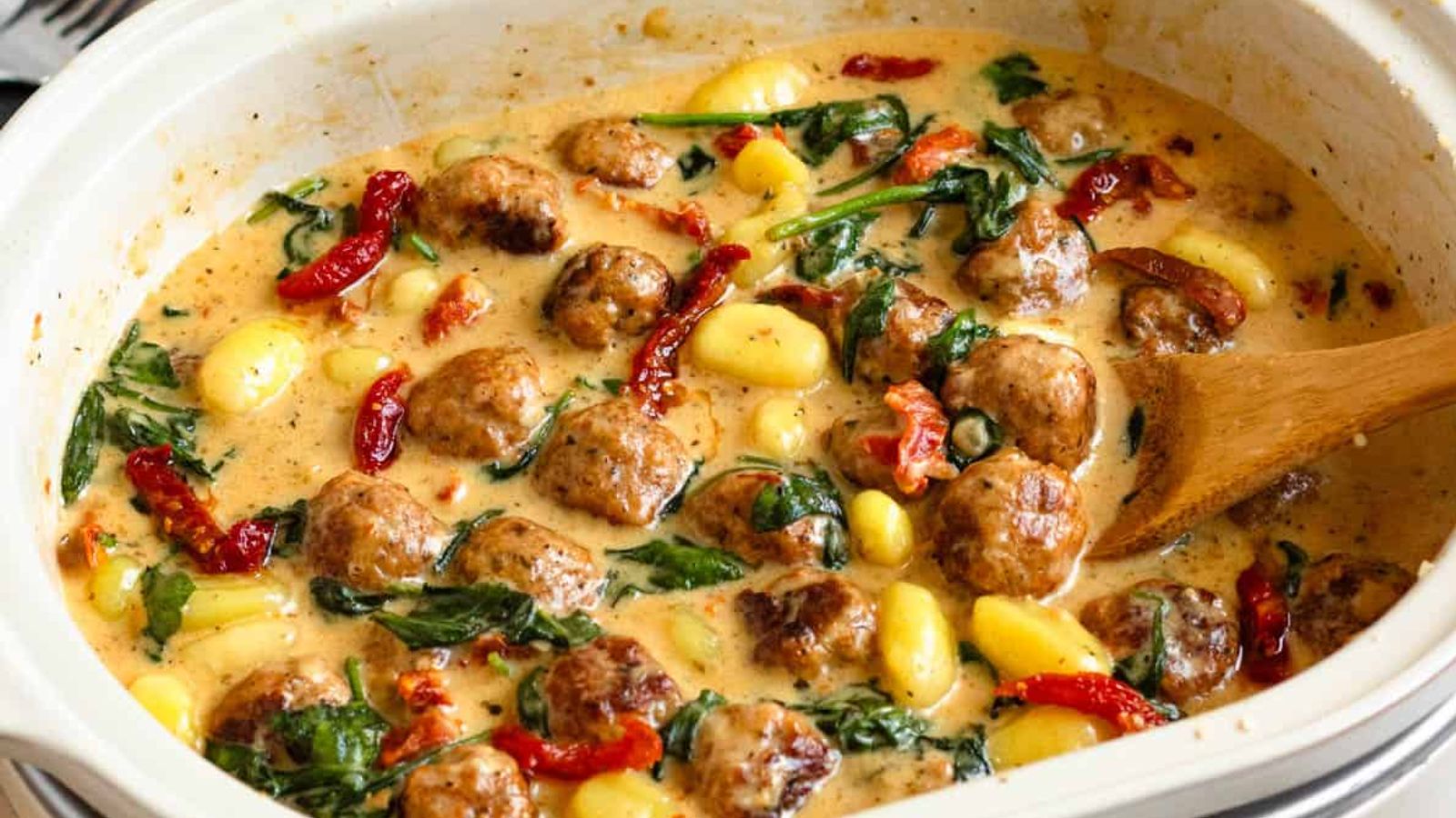 Slow Cooker Tuscan Chicken Meatballs with Gnocchi