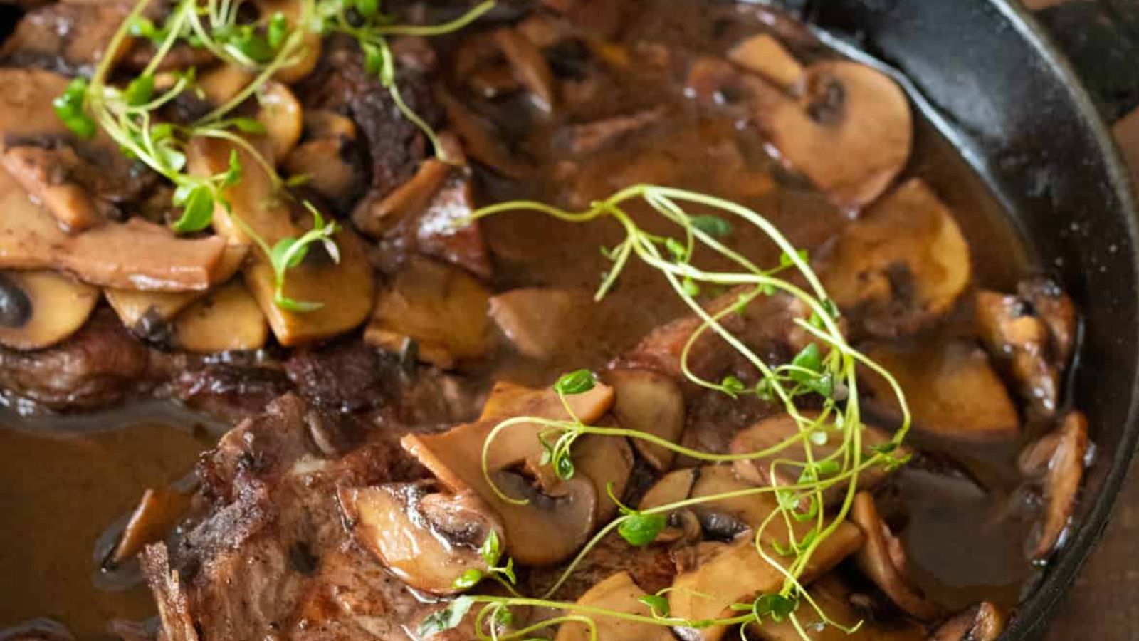 Cast Iron Pork Chops with Mushrooms, Red Wine & Thyme