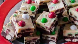 Triple Chocolate M&M’S Peppermint Bark Fudge
