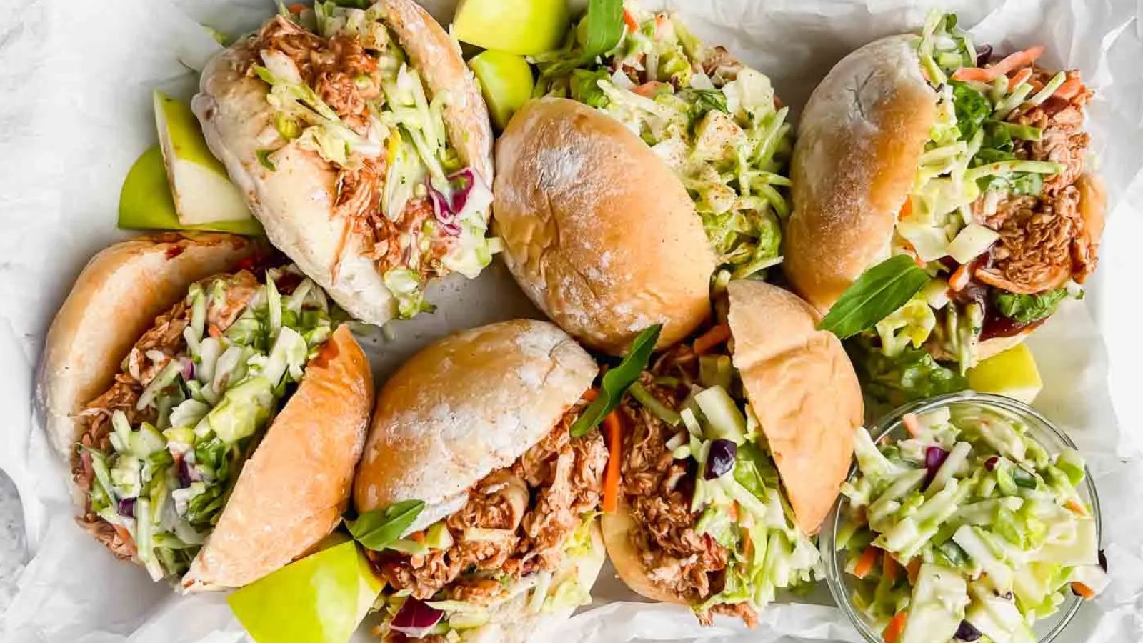Pulled BBQ Chicken Sliders with Apple Coleslaw