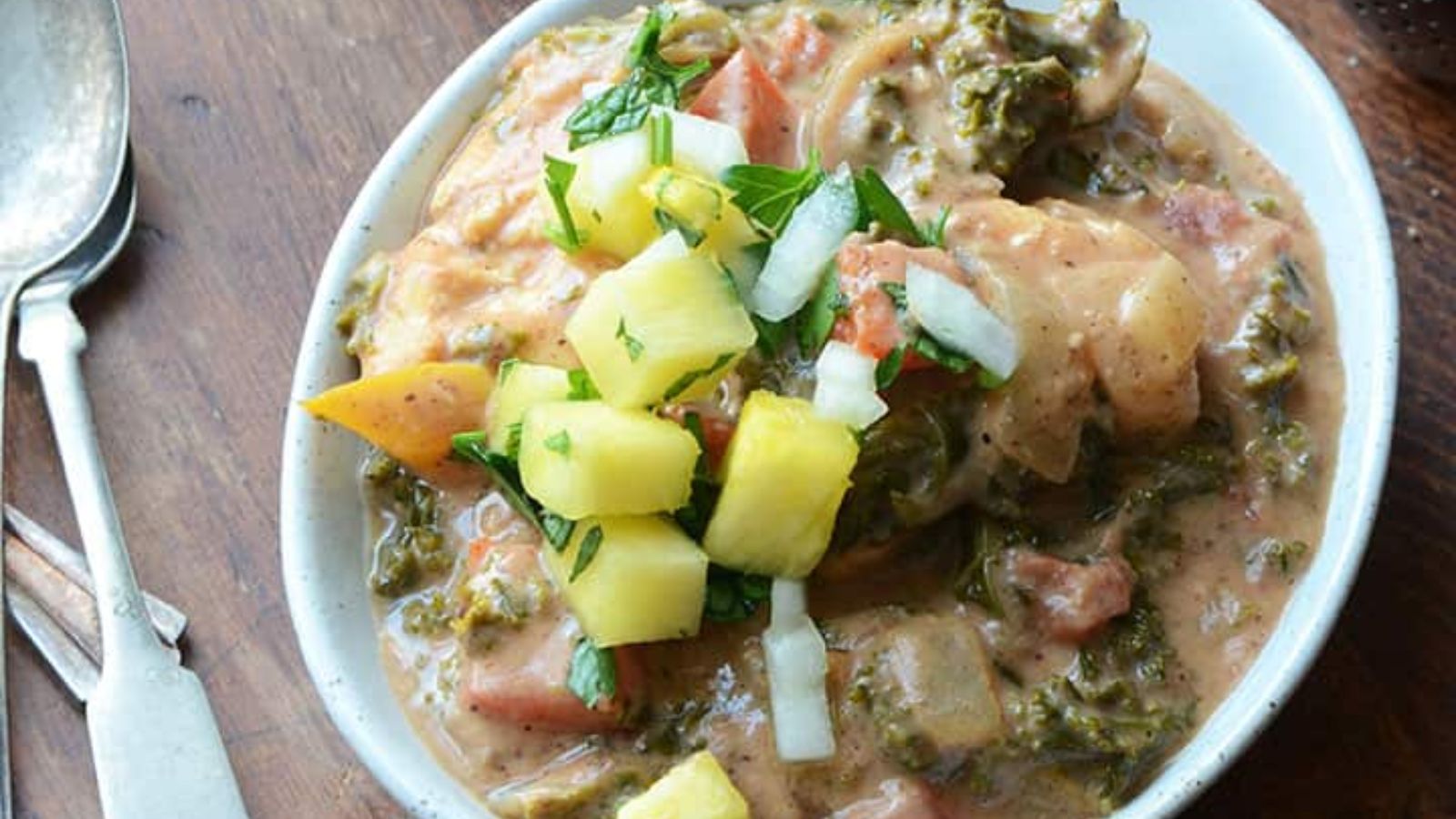 Almond Butter Chicken Stew with Pineapple-Mint Relish