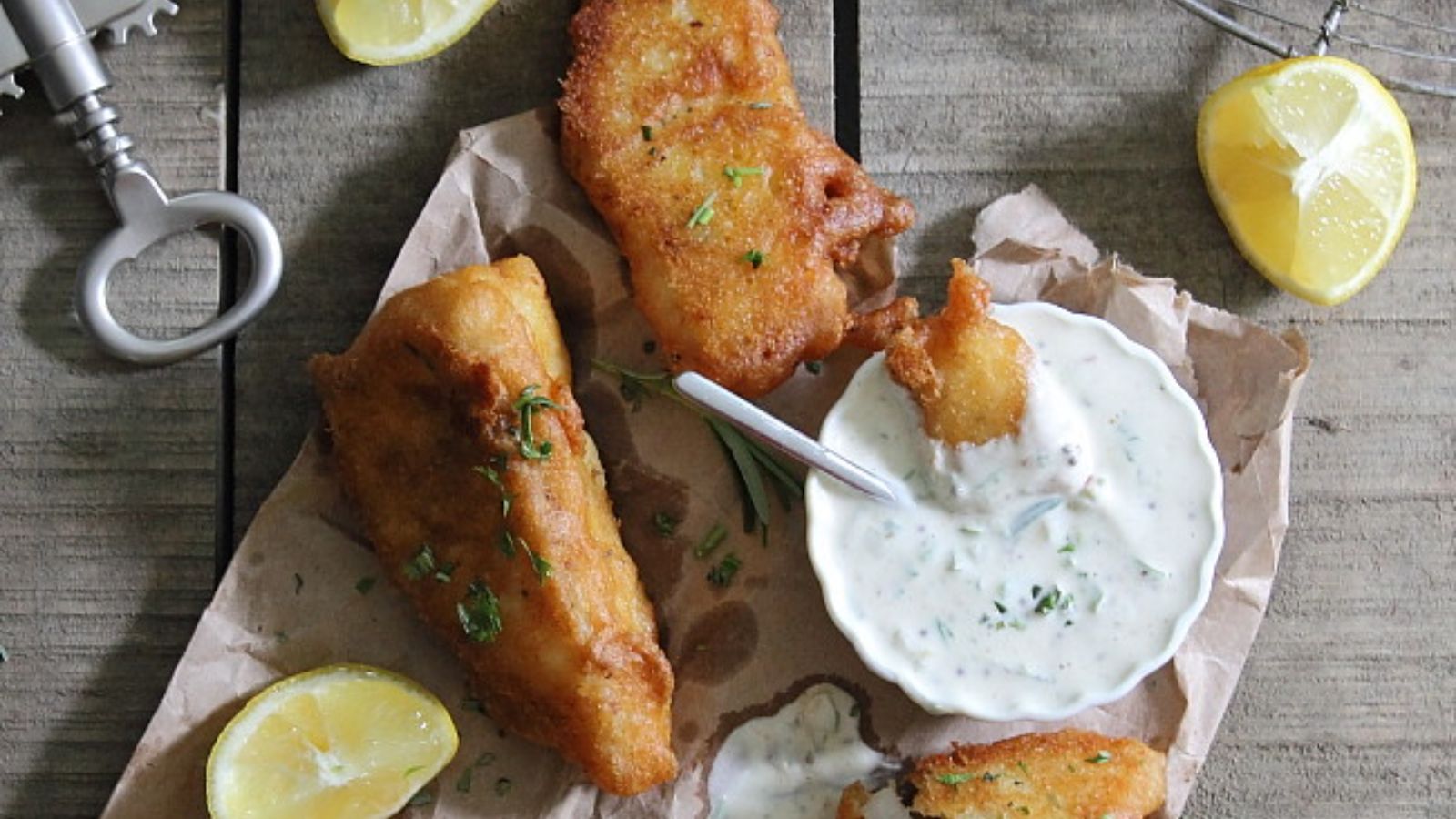 Rosemary Cornmeal Beer Battered Fish with Tangy Yogurt Remoulade