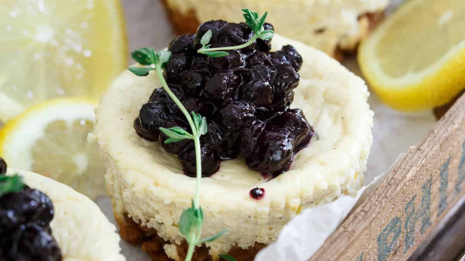 Lemon Thyme Blueberry Mini Cheesecakes