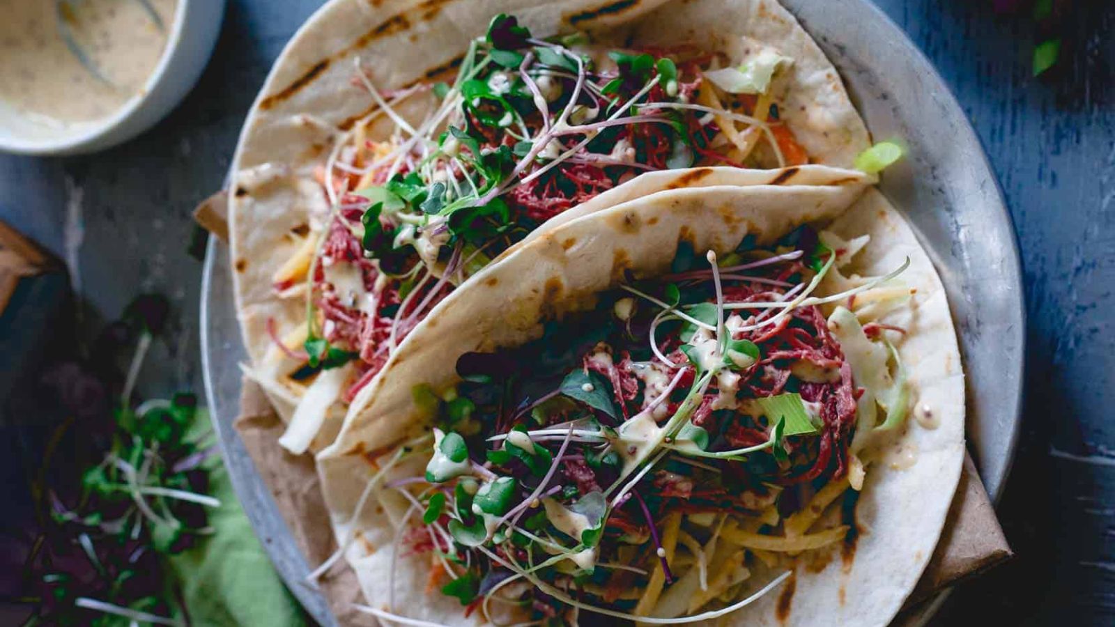Corned Beef Tacos with Creamy Spicy Mustard Sauce