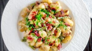Blue Cheese Gnocchi with Bacon and Asparagus