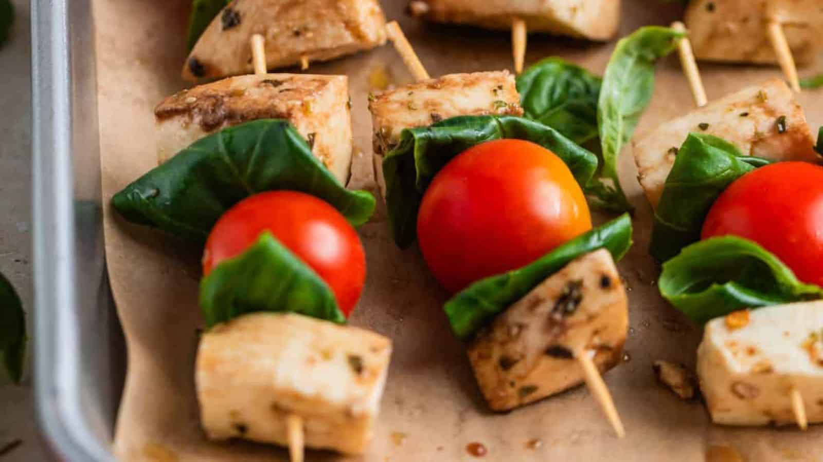 Marinated Mozzarella Tomato Basil Skewers