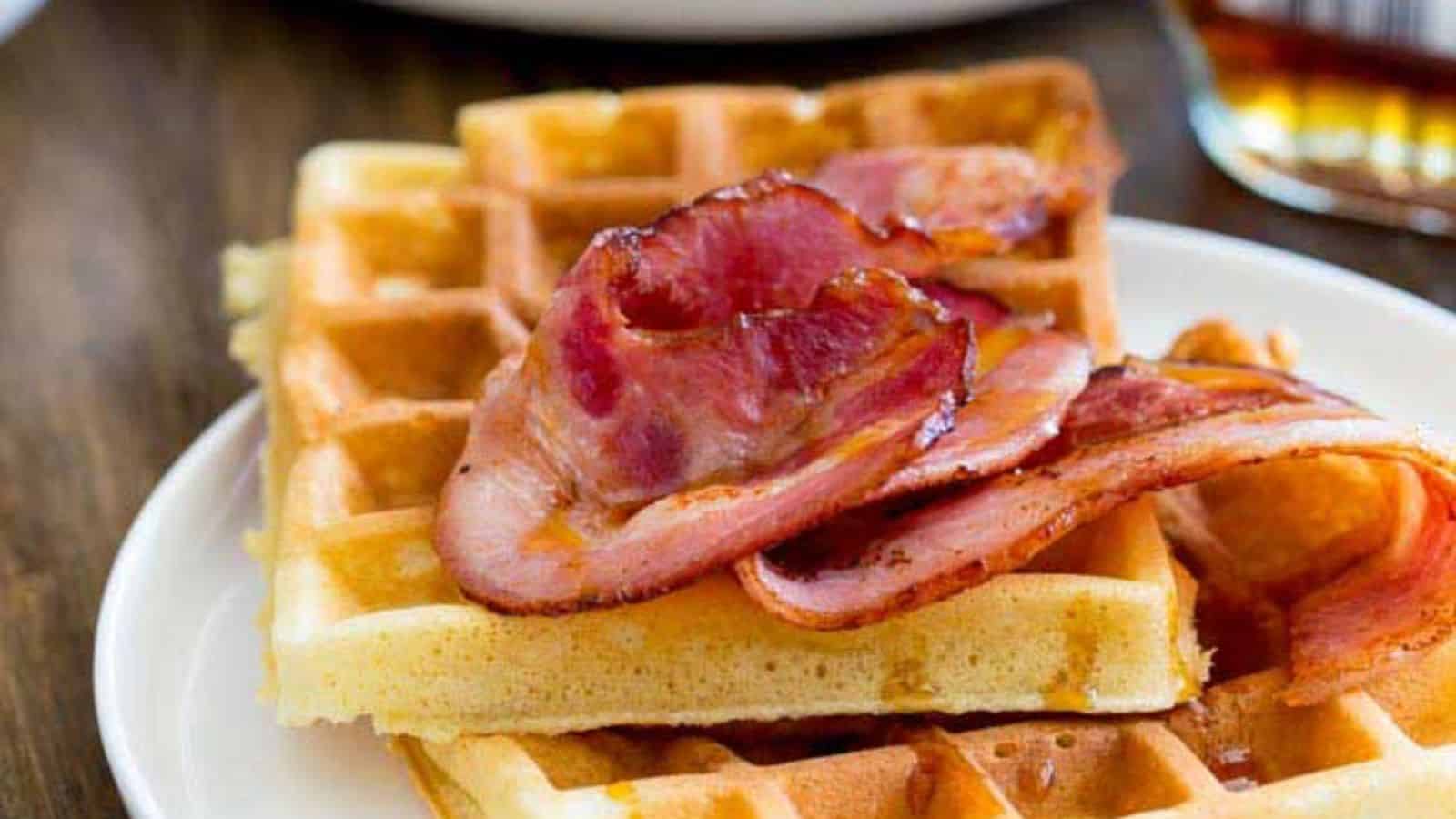 MAPLE SYRUP WAFFLES WITH GLAZED BACON