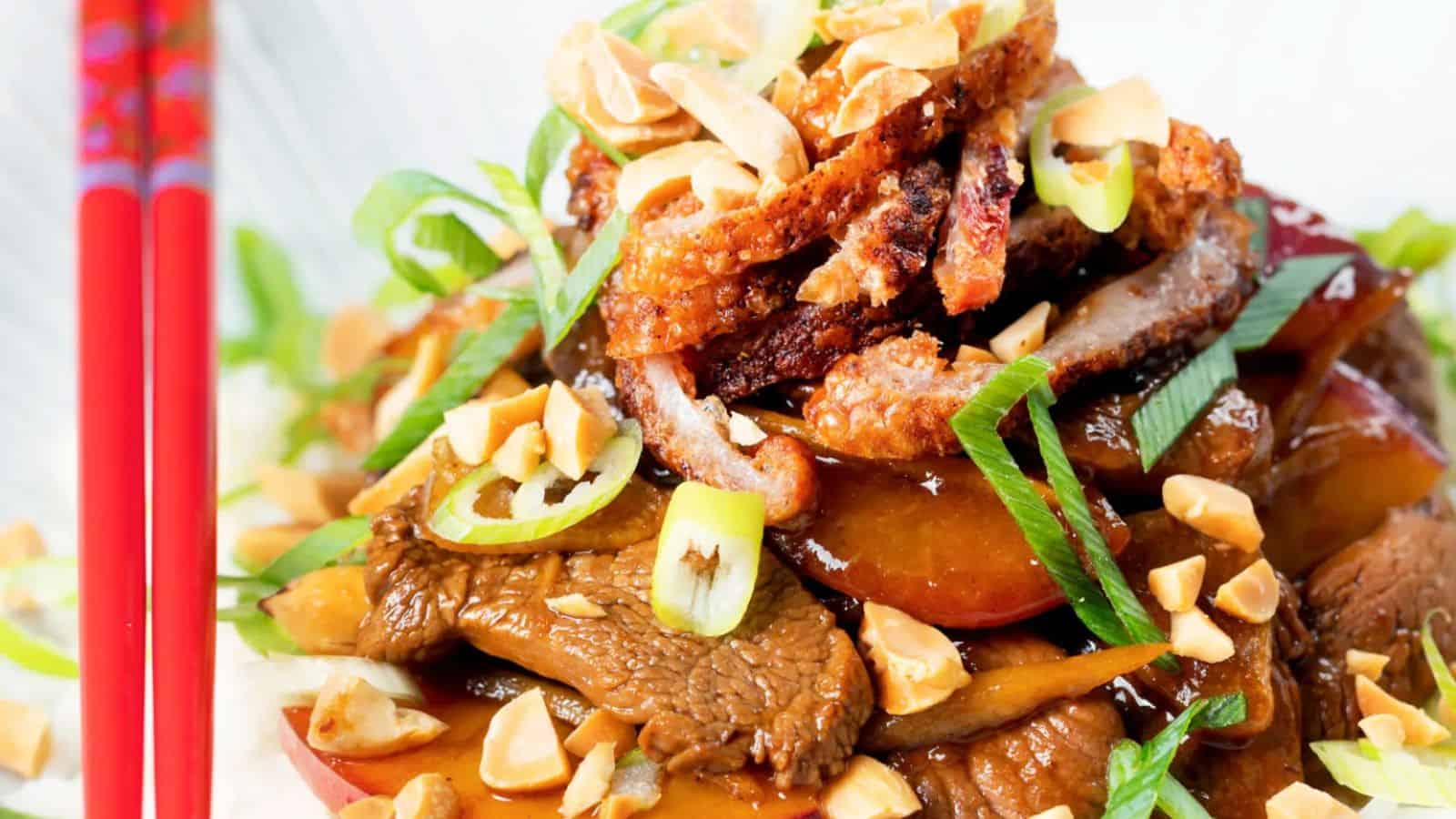 Plum and Duck Stir Fry with Crispy Skin