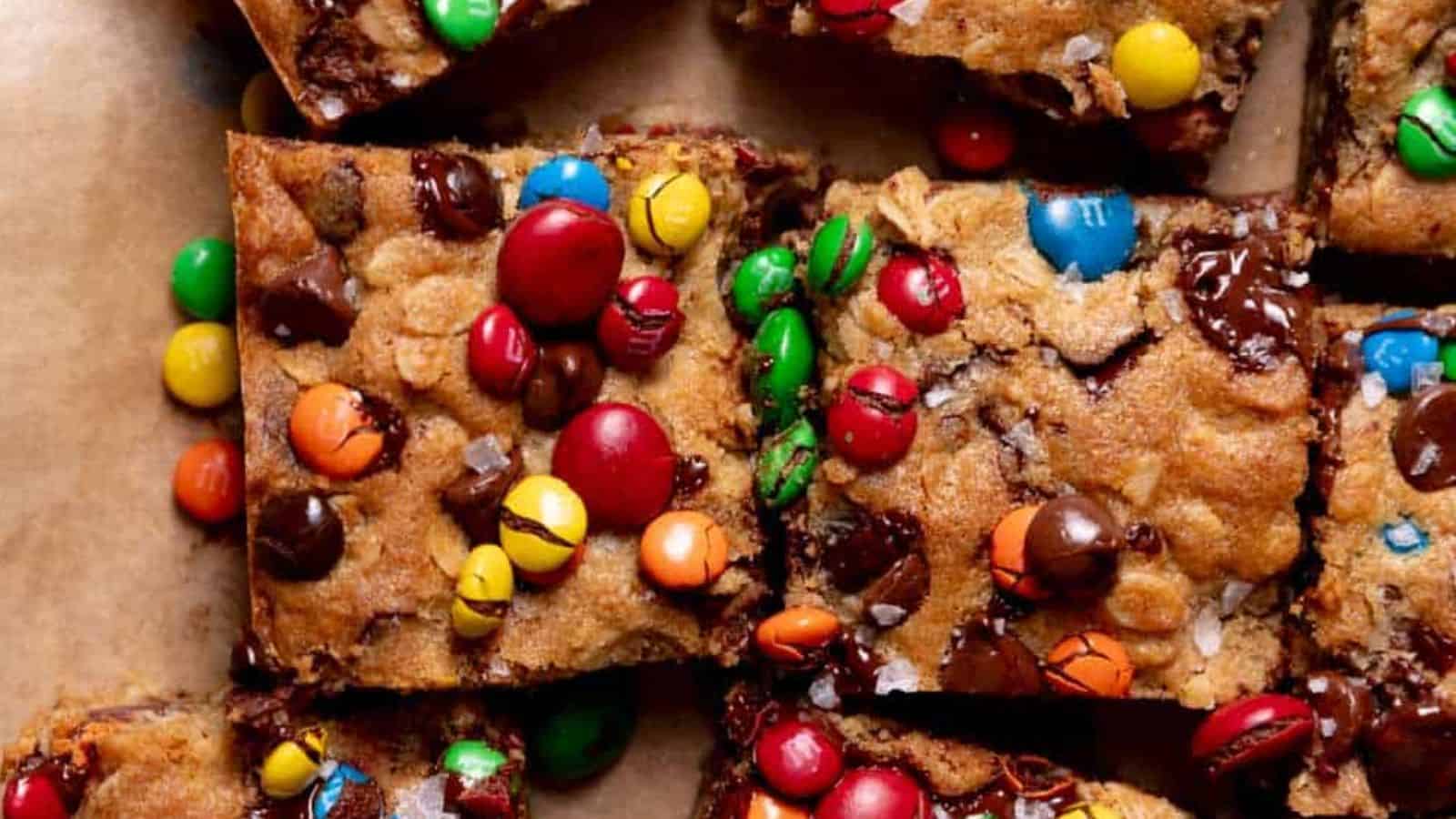 Bakery-Style Monster Cookie Bars Loaded with M&Ms