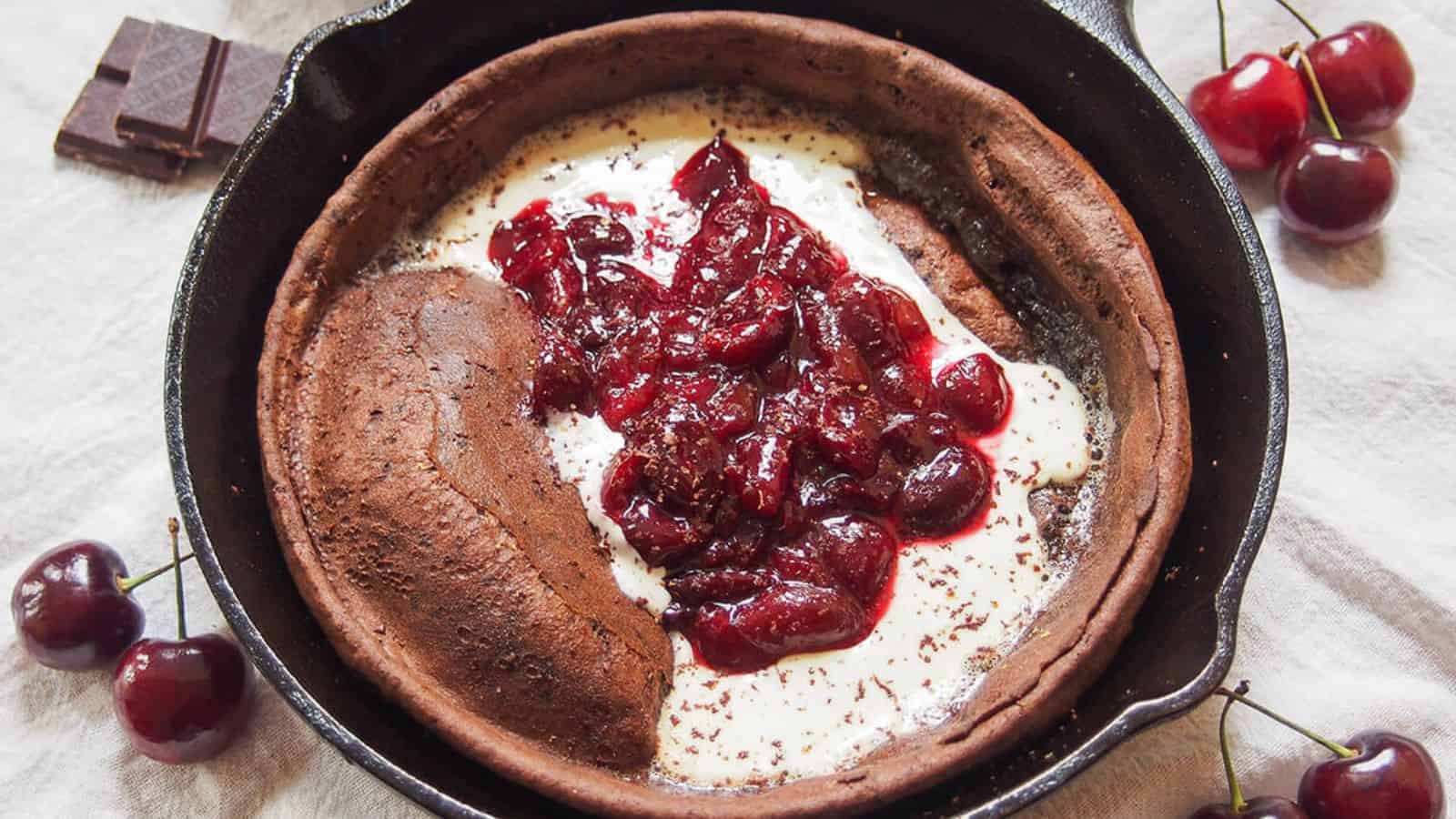 CHOCOLATE DUTCH BABY PANCAKE WITH CHERRY COMPOTE