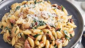 Bacon sun dried tomato pasta with spinach and cream